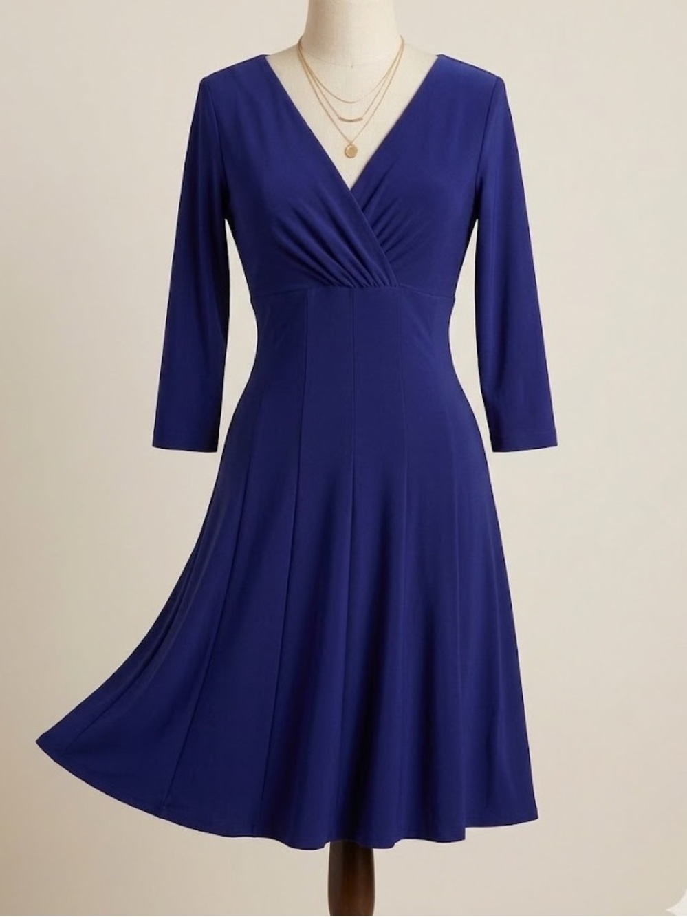 Lauren Ralph Lauren Blue Faux Wrap Dress 3/4 Sleeve A-Line Stretch Midi Classic